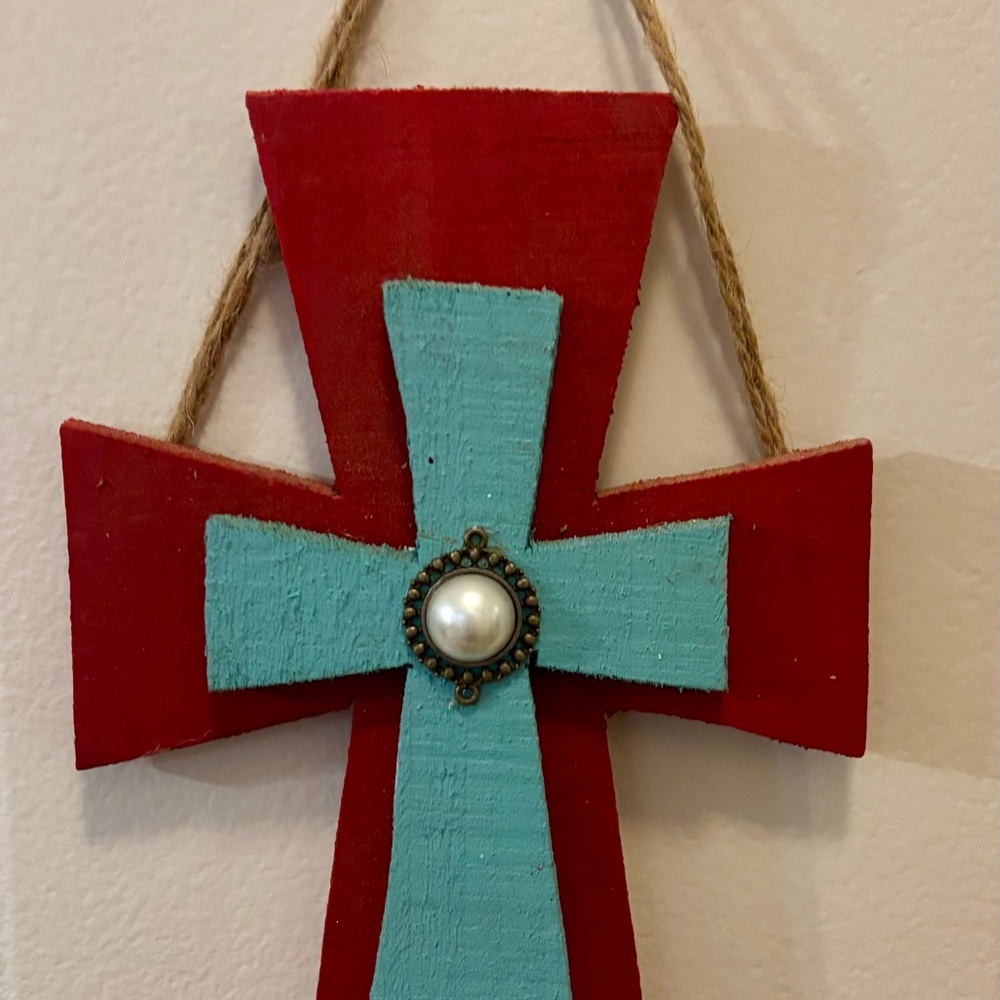 Red and Blue Decorative Cross with Pearl Accent